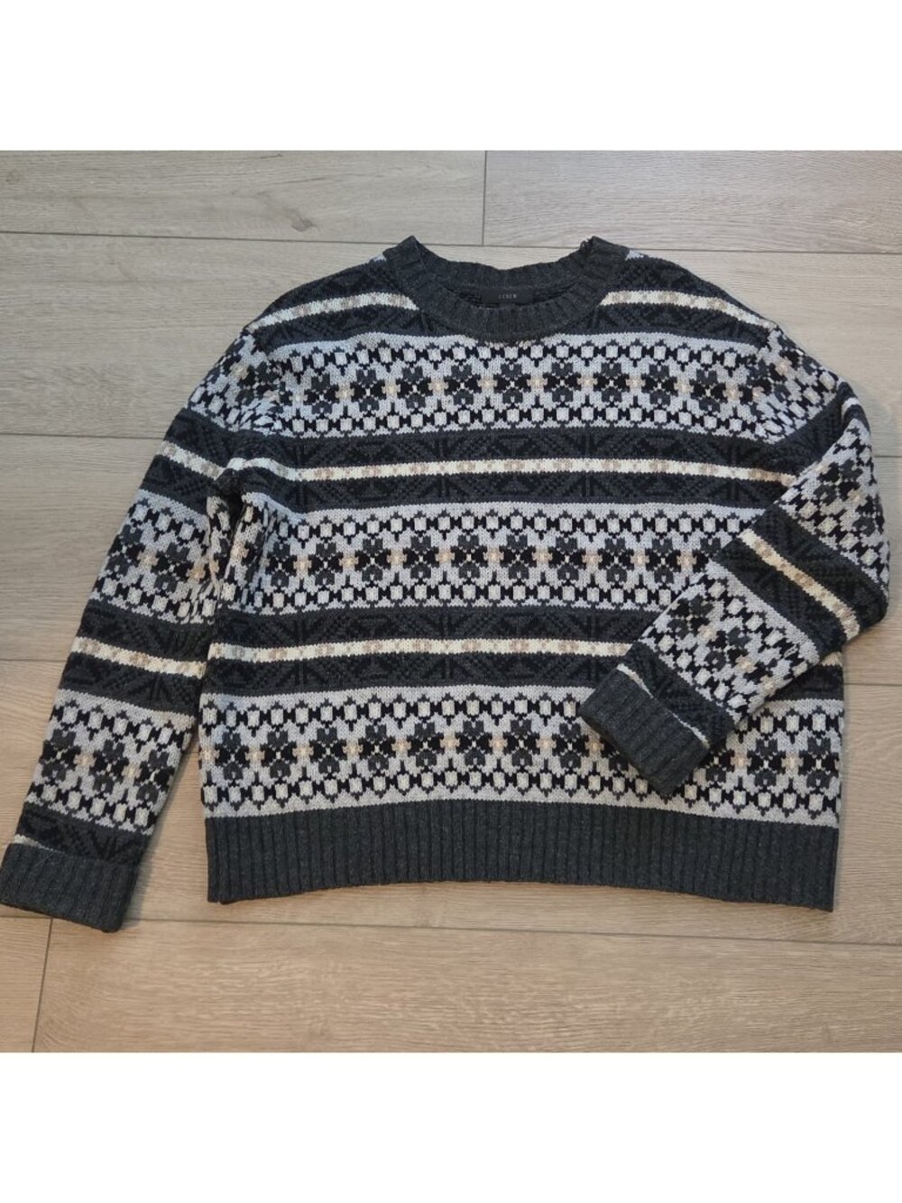 J.Crew Gray Lambs Wool Fair Isle Print Crew Neck Sweater Womens Small